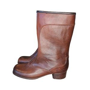 VTG 70s 7.5 8 Waterproof Vinyl Rubber Boots Brown Sherpa‎ Shearling Lined Zipper